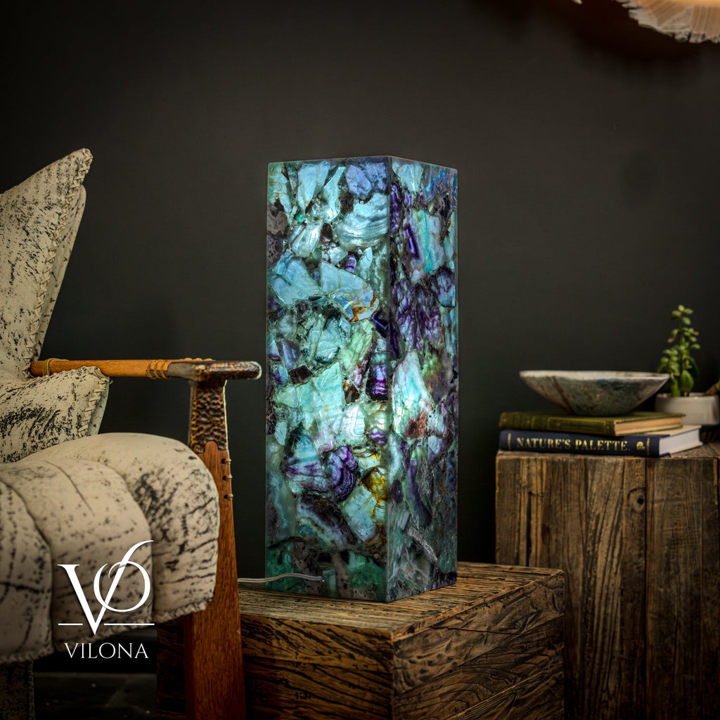 Fluorite Crystal Table Lamp - 24" Tall, 8x8" - Square Closed Top (Medium #7)