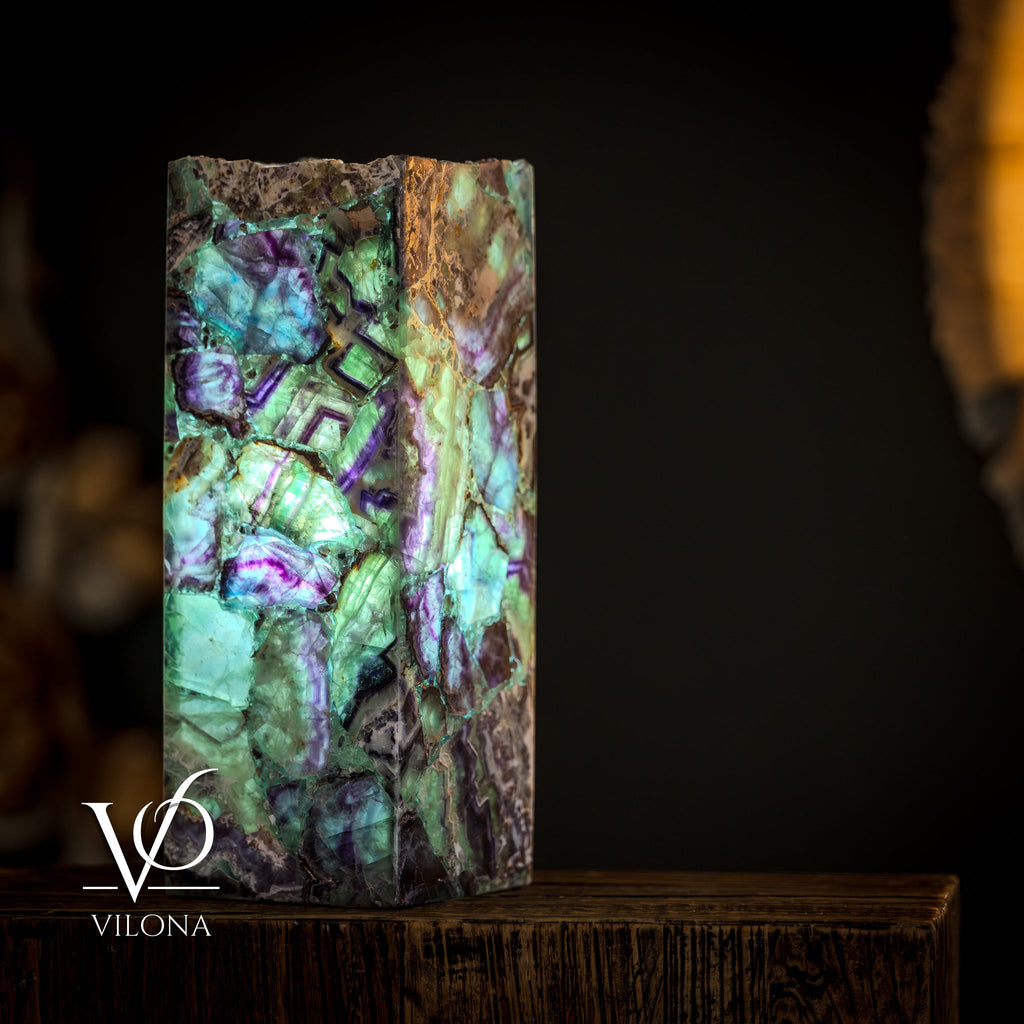 Fluorite Table Lamp - 16" Tall, 5.75"x5.75" Live Edge Square - (Small #17)