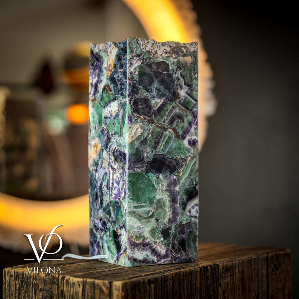 Fluorite Table Lamp - 16" Tall, 5.75"x5.75" Live Edge Square - (Small #17)