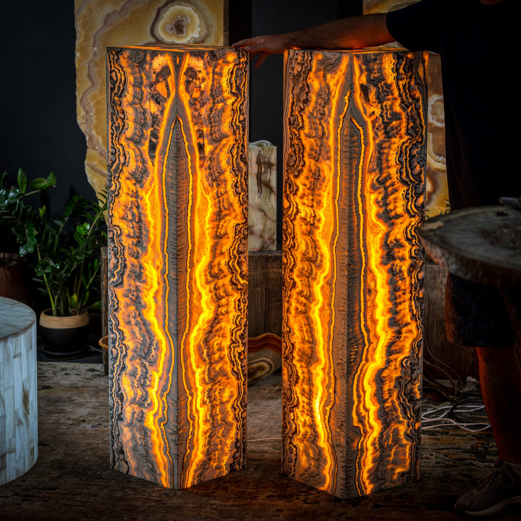 Golden Cloud Onyx Floor Lamp - Exotic - Pair - Medium - 51"H x 12"W - Square - #1