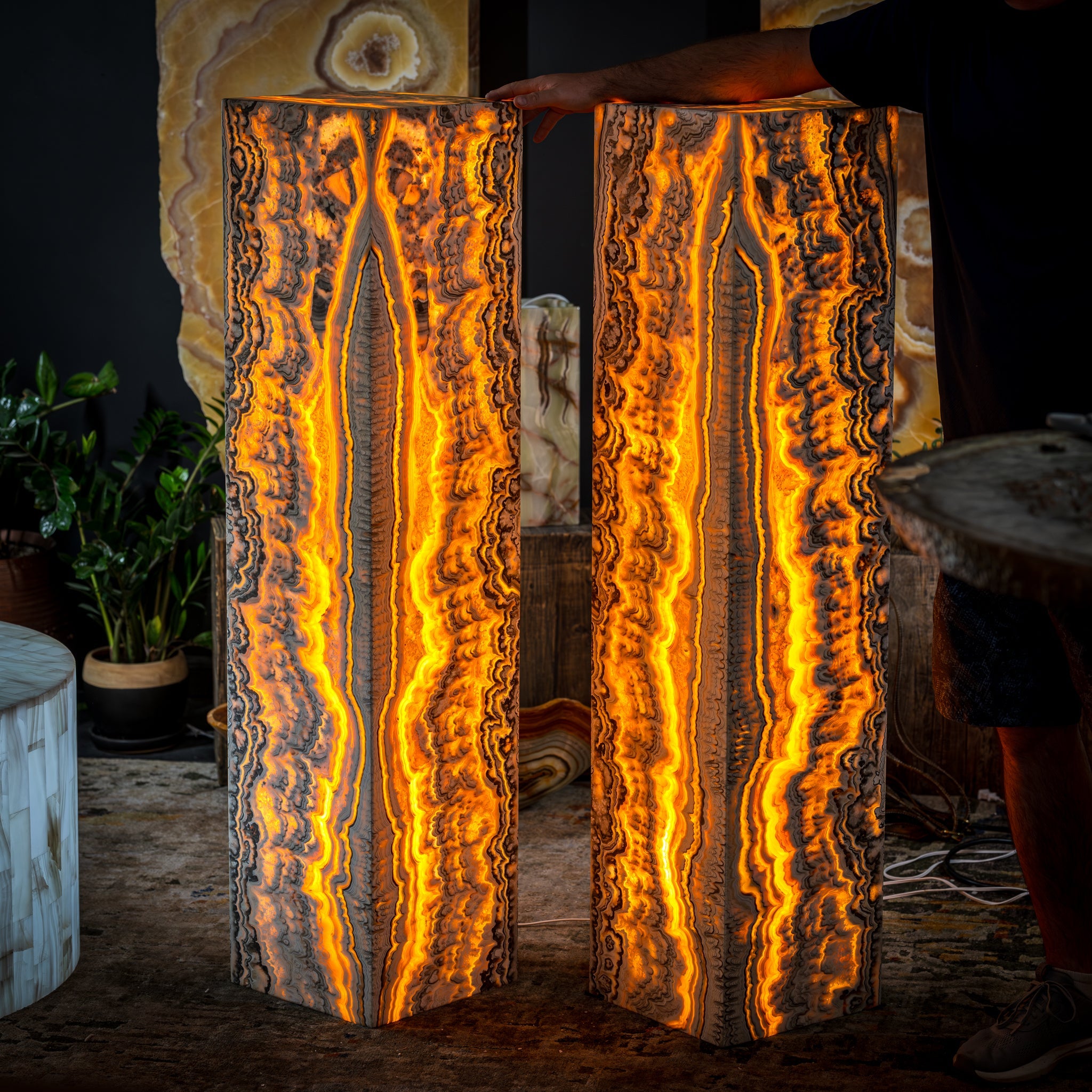 Golden Cloud Onyx Floor Lamp - Exotic - Pair - Medium - 51"H x 12"W - Square - #1