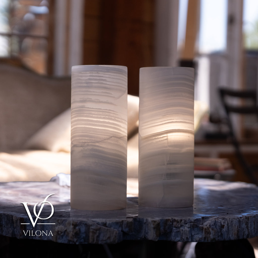 White Ice Onyx - 12" Tall, x 4.5" Diameter (Small Table Lamp Pair #1)