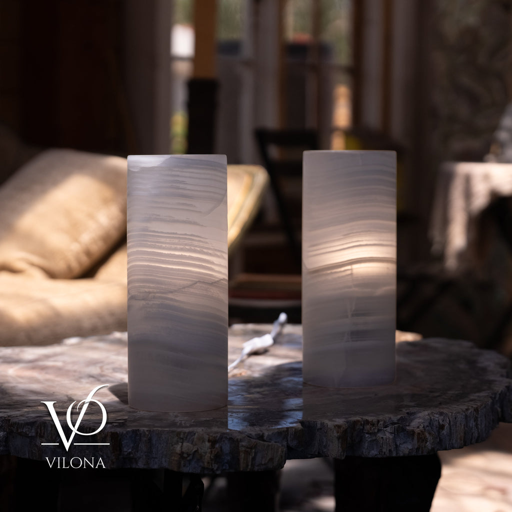 White Ice Onyx - 12" Tall, x 4.5" Diameter (Small Table Lamp Pair #1)