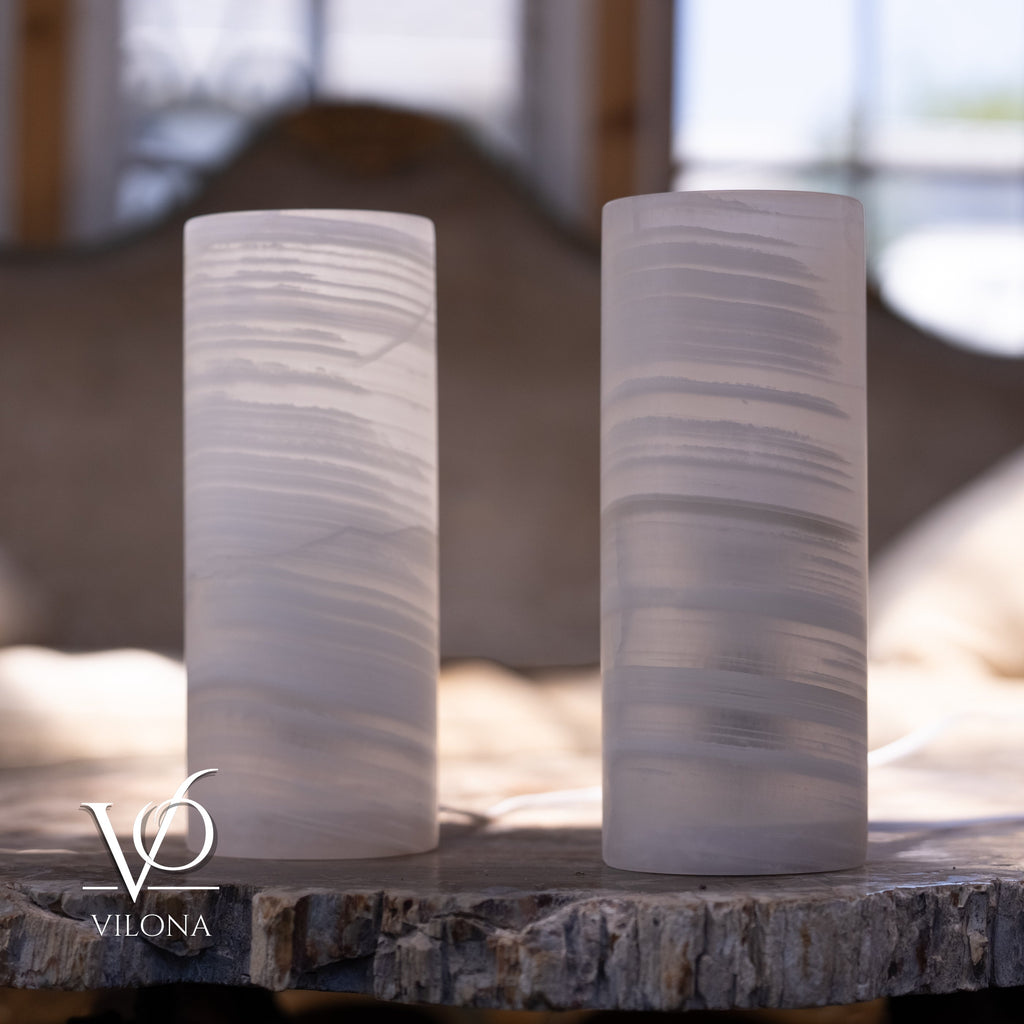 White Ice Onyx - 12" Tall, x 4.5" Diameter (Small Table Lamp Pair #1)