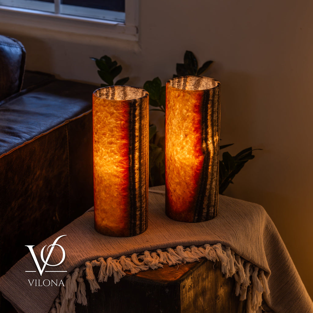 Tangerine Onyx - 12" Tall, x 4.5" Diameter (Small Table Lamp Pair #1)