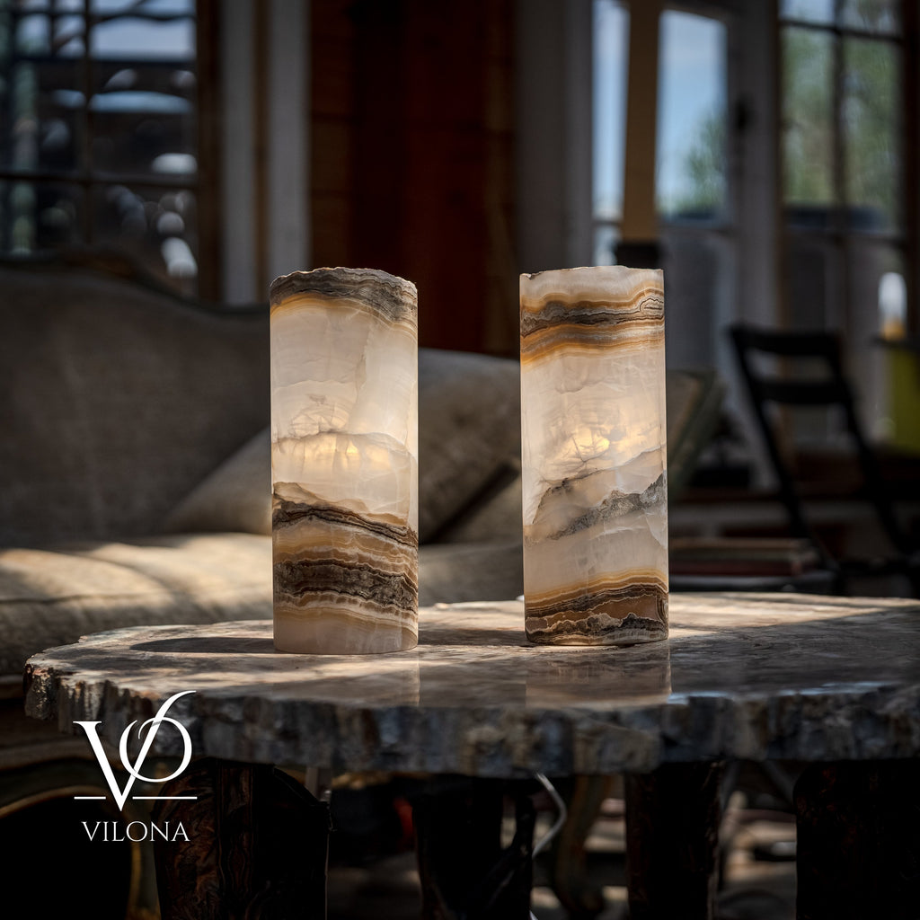 White Ice Onyx - 12" Tall, x 4.5" Diameter (Small Live Edge Table Lamp Pair #2)