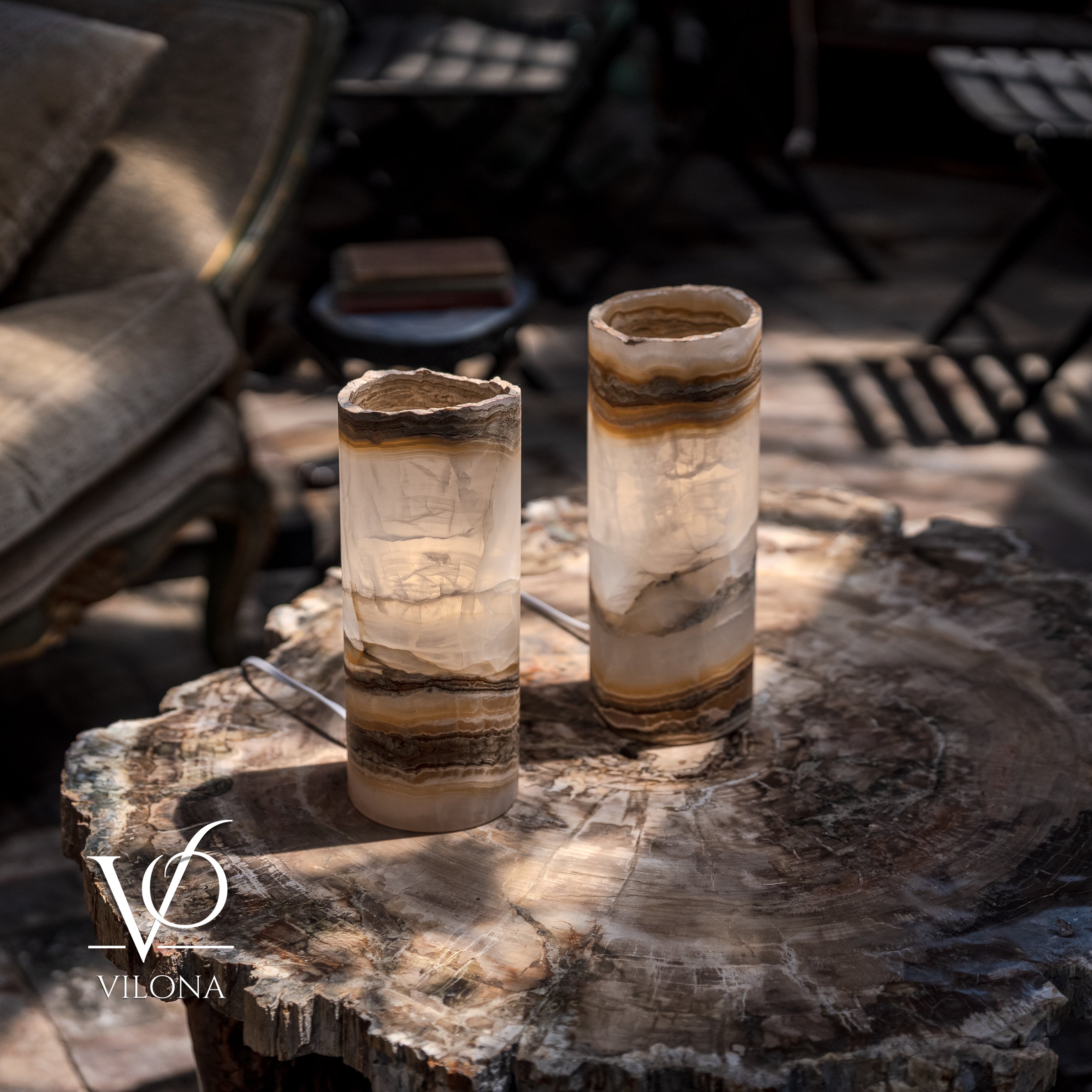 White Ice Onyx - 12" Tall, x 4.5" Diameter (Small Live Edge Table Lamp Pair #2)
