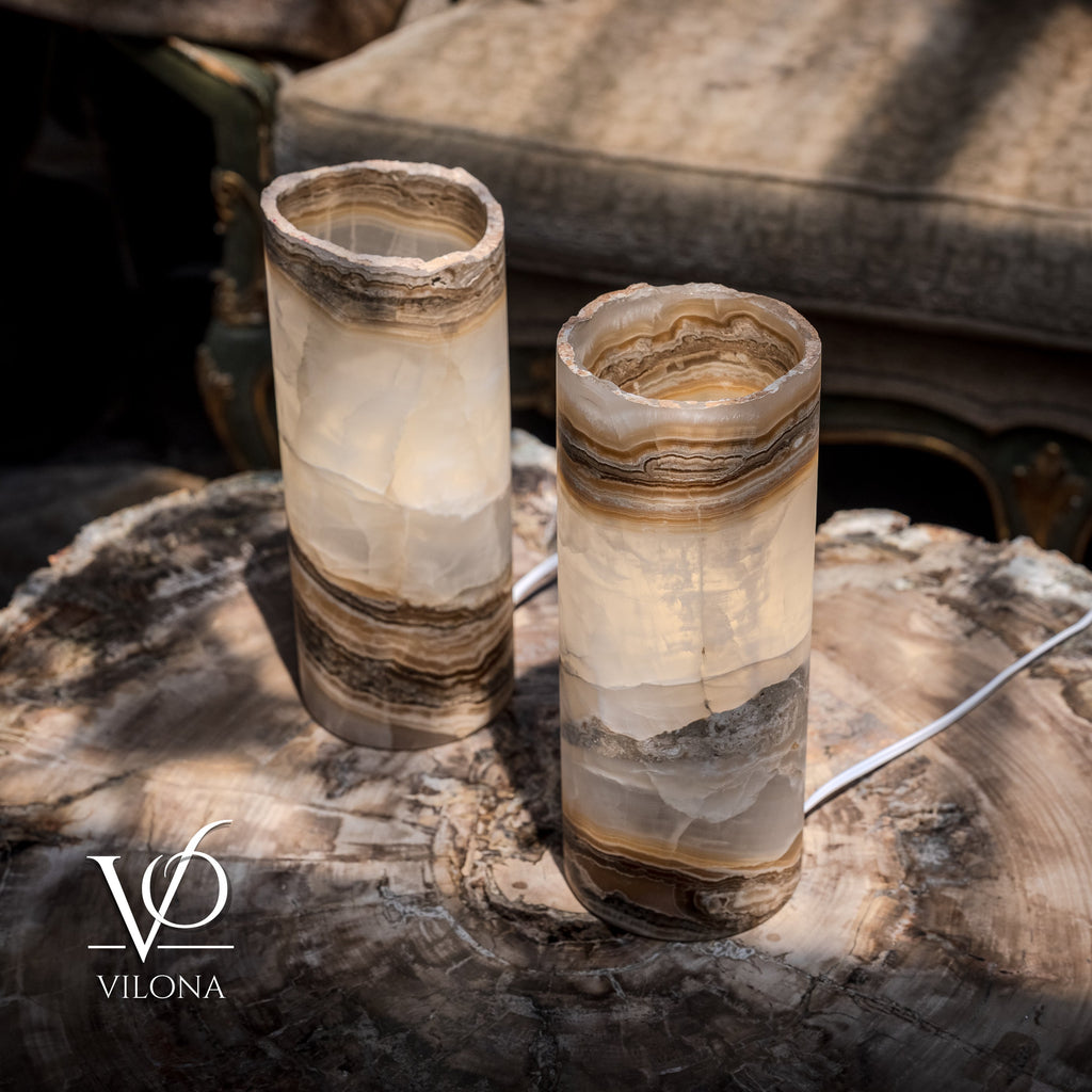 White Ice Onyx - 12" Tall, x 4.5" Diameter (Small Live Edge Table Lamp Pair #2)