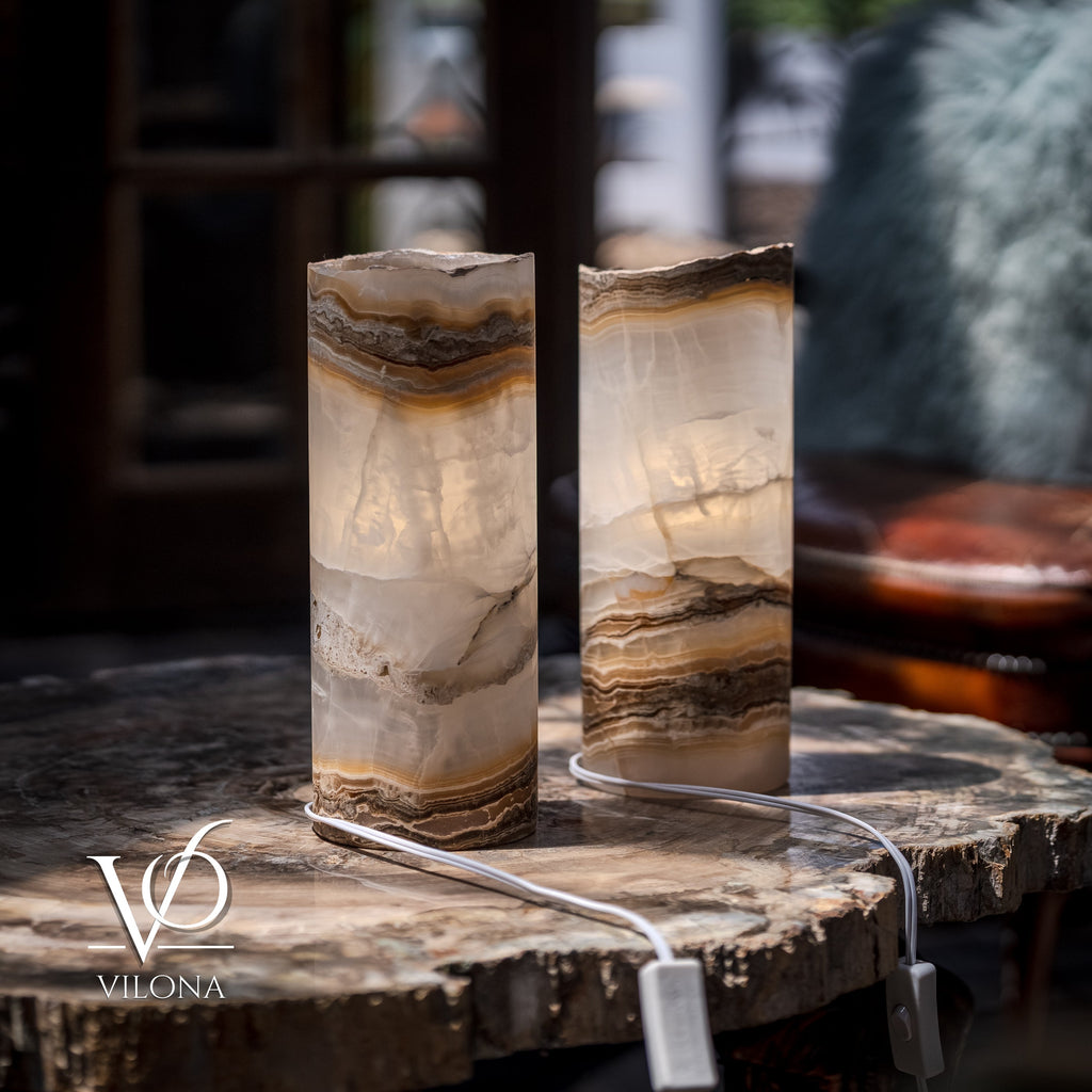 White Ice Onyx - 12" Tall, x 4.5" Diameter (Small Live Edge Table Lamp Pair #2)