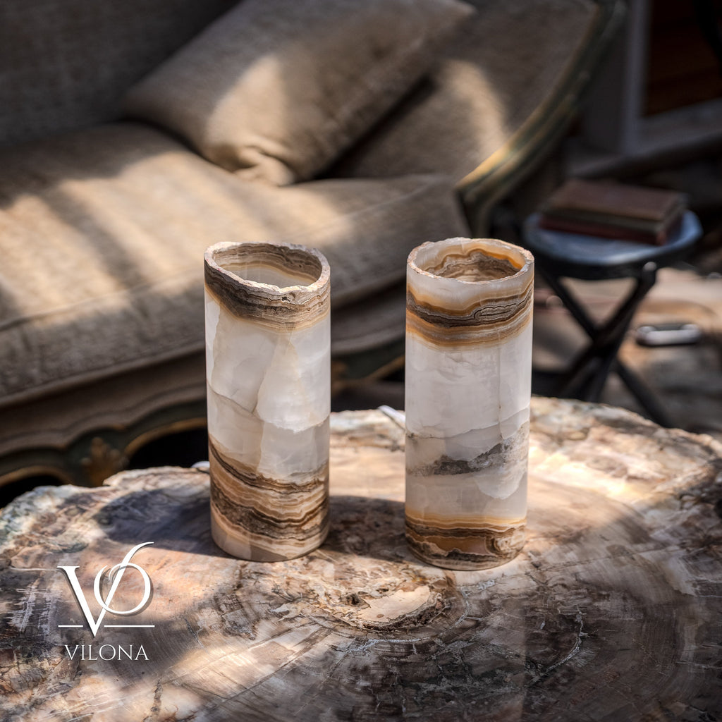 White Ice Onyx - 12" Tall, x 4.5" Diameter (Small Live Edge Table Lamp Pair #2)