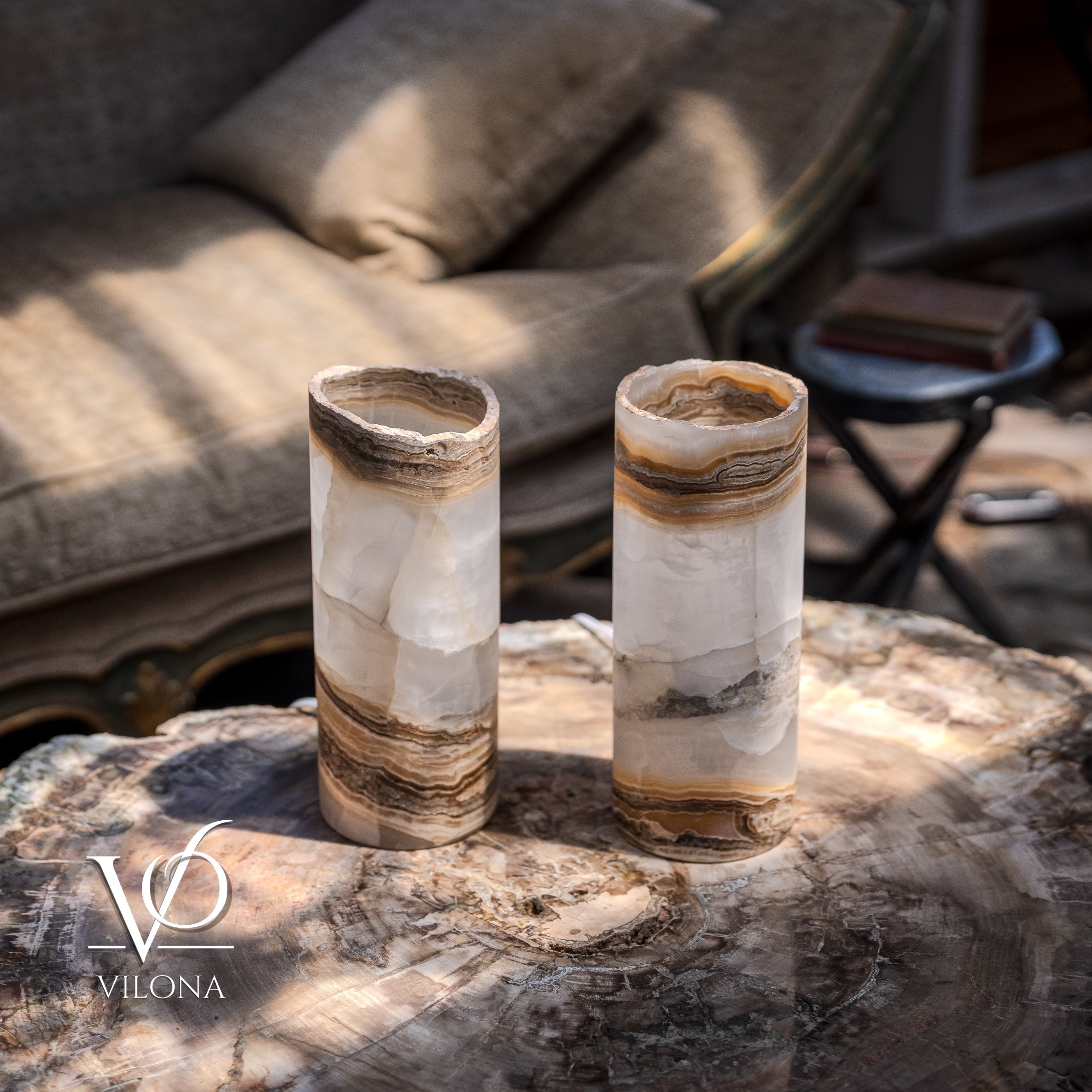 White Ice Onyx - 12" Tall, x 4.5" Diameter (Small Live Edge Table Lamp Pair #2)