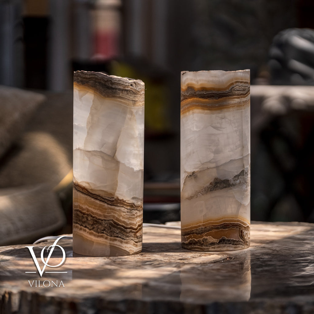 White Ice Onyx - 12" Tall, x 4.5" Diameter (Small Live Edge Table Lamp Pair #2)