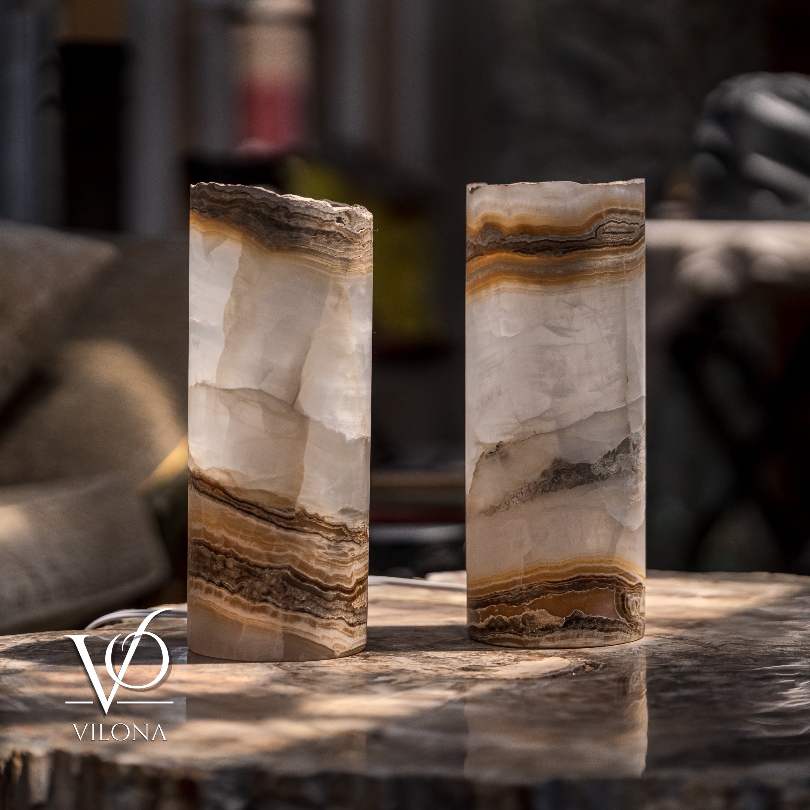 White Ice Onyx - 12" Tall, x 4.5" Diameter (Small Live Edge Table Lamp Pair #2)