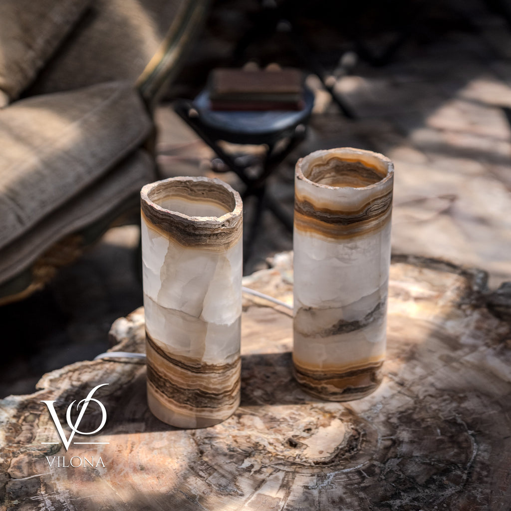 White Ice Onyx - 12" Tall, x 4.5" Diameter (Small Live Edge Table Lamp Pair #2)