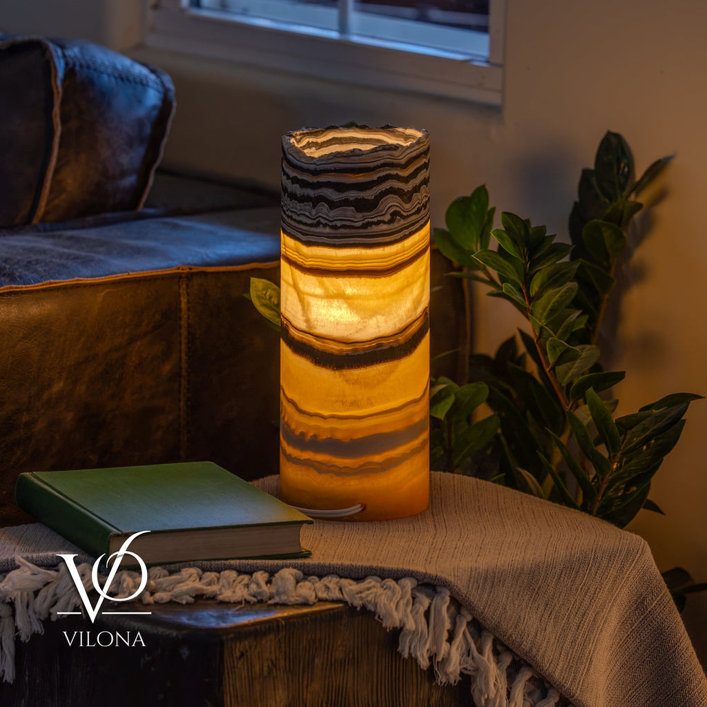Golden Cloud Onyx - 12" Tall, x 4.5" Diameter (Small Live Edge Table Lamp #1)