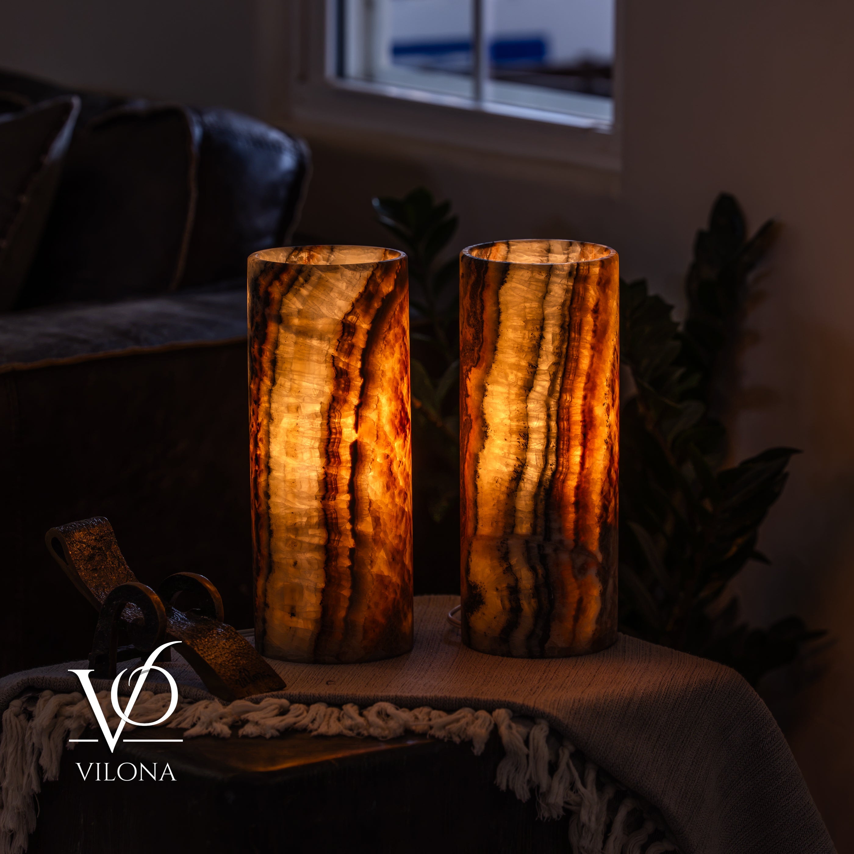 Tangerine Onyx - 12" Tall, x 4.5" Diameter (Small Table Lamp Pair #4)