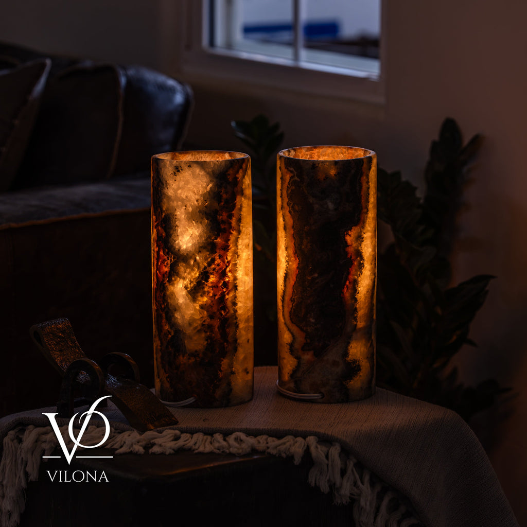 Tangerine Onyx - 12" Tall, x 4.5" Diameter (Small Table Lamp Pair #4)