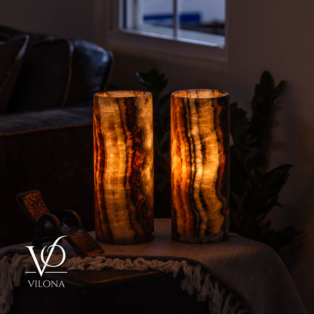 Tangerine Onyx - 12" Tall, x 4.5" Diameter (Small Table Lamp Pair #4)