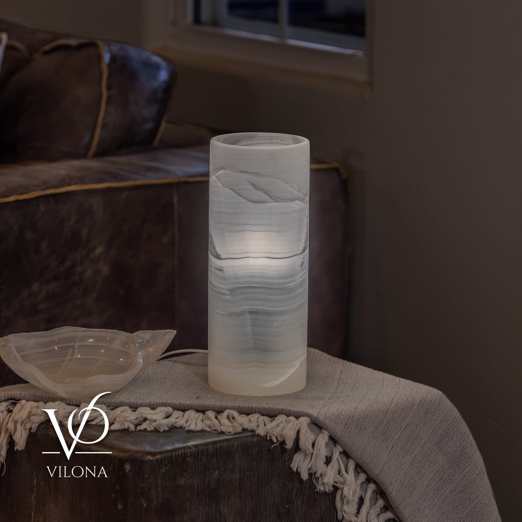 White Ice Onyx - 12" Tall, x 4.5" Diameter (Small Table Lamp #3)