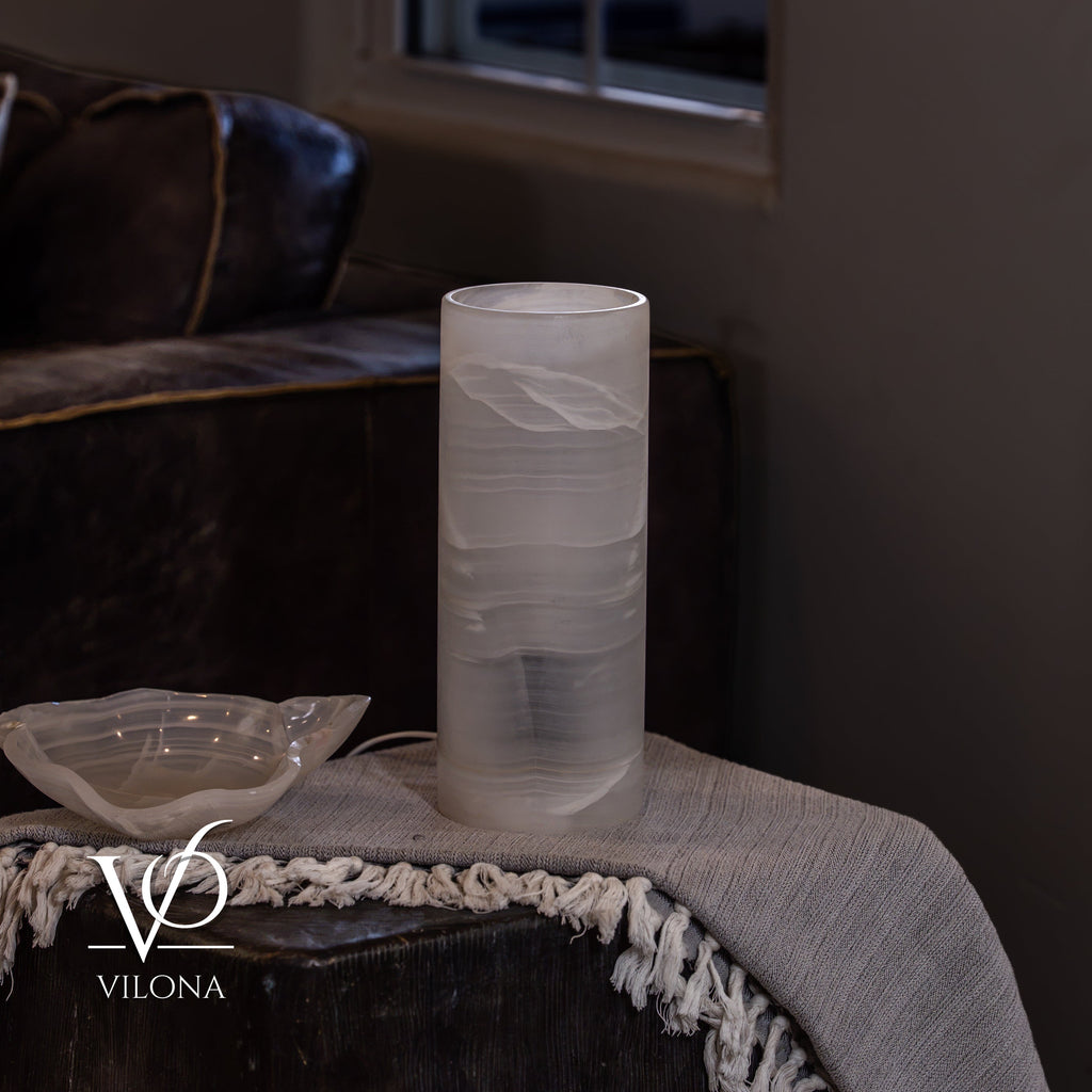 White Ice Onyx - 12" Tall, x 4.5" Diameter (Small Table Lamp #3)