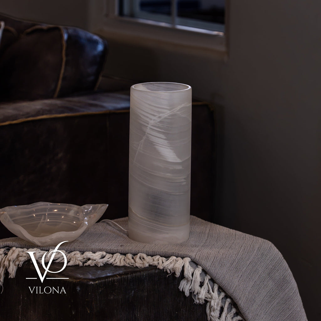White Ice Onyx - 12" Tall, x 4.5" Diameter (Small Table Lamp #3)