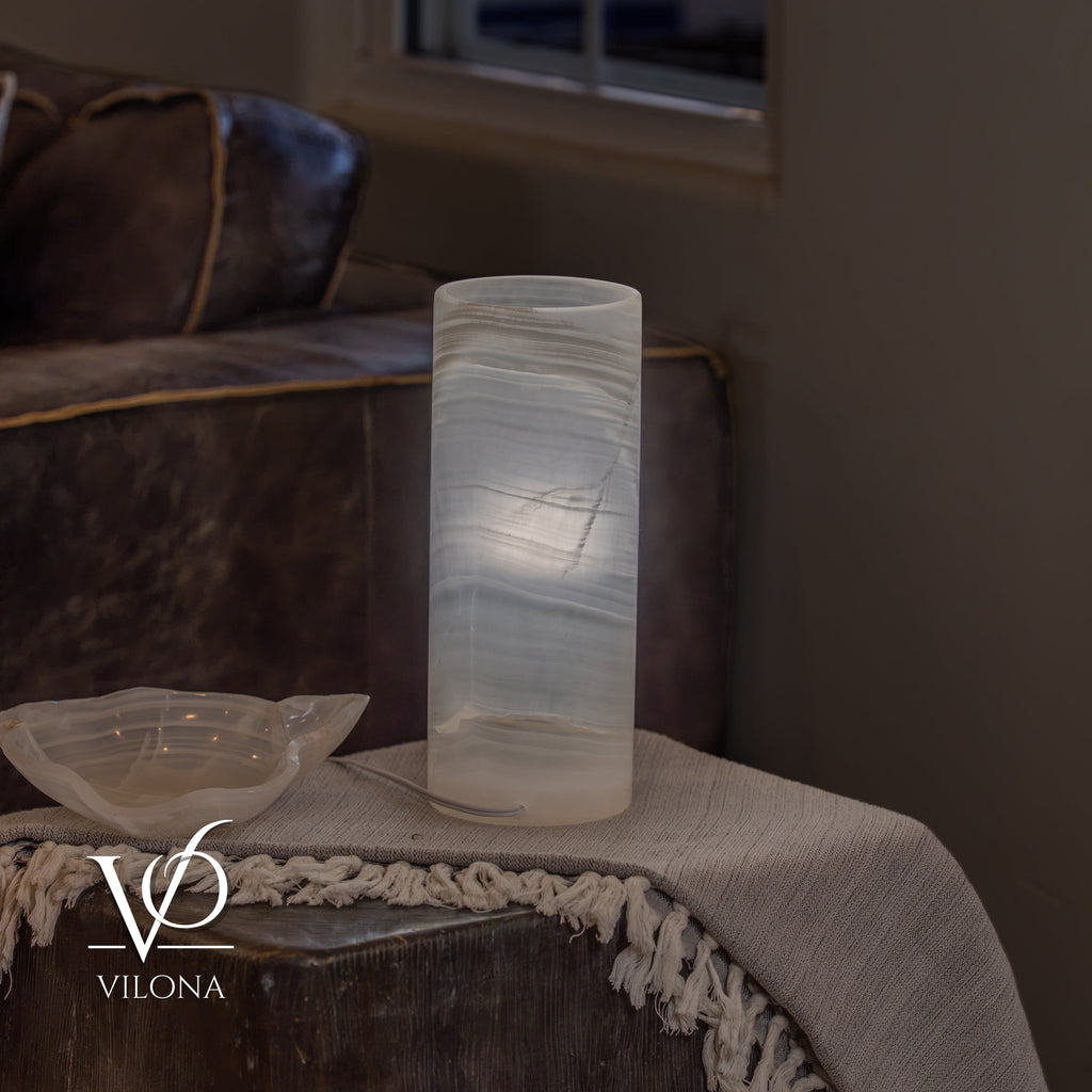 White Ice Onyx - 12" Tall, x 4.5" Diameter (Small Table Lamp #3)