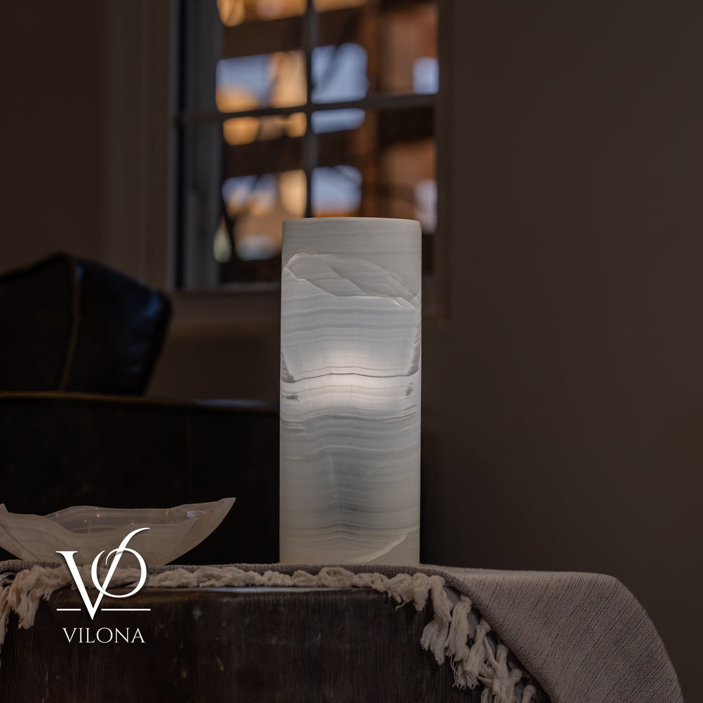 White Ice Onyx - 12" Tall, x 4.5" Diameter (Small Table Lamp #3)