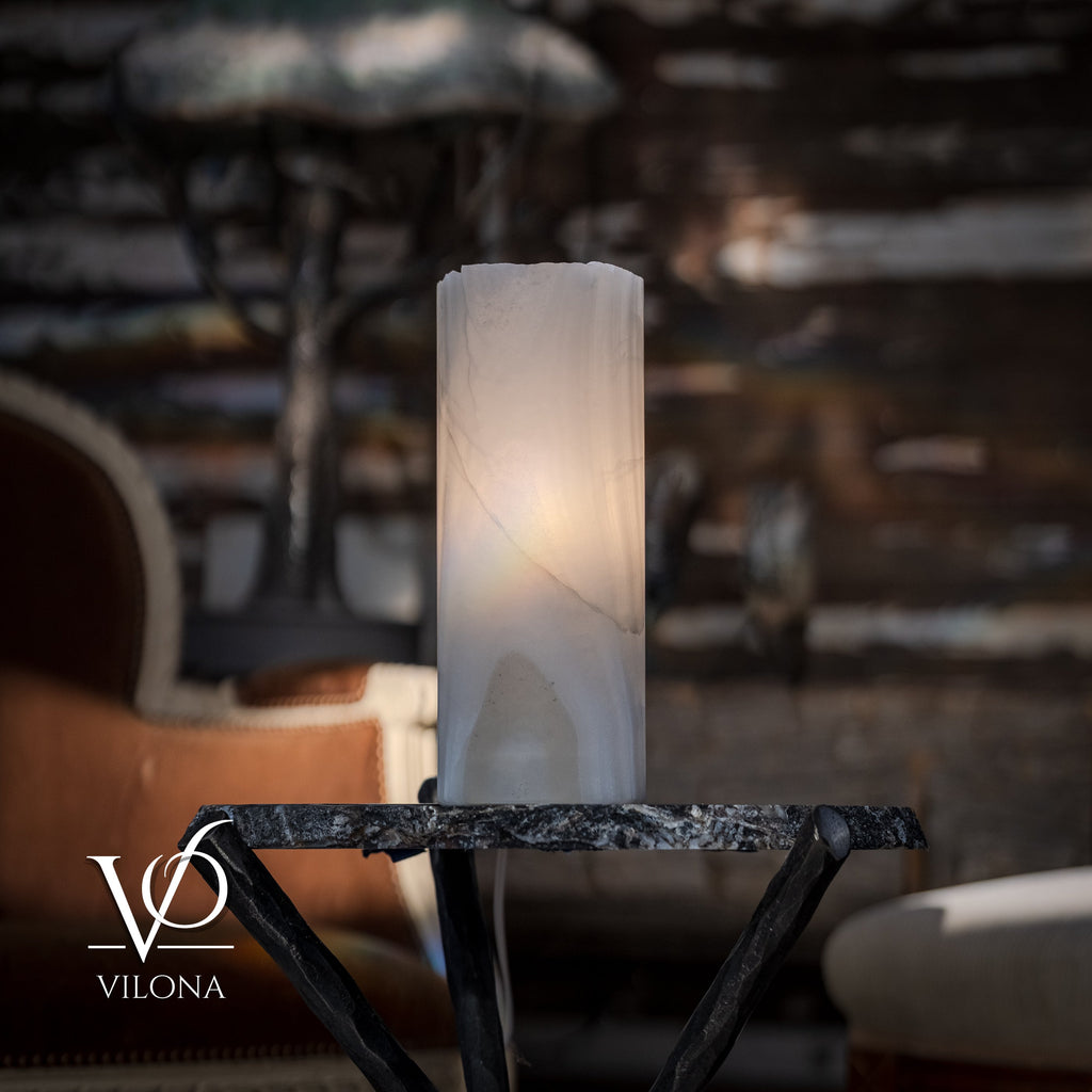 White Ice Onyx - 12" Tall, x 4.5" Diameter (Small Live Edge Table Lamp #4)
