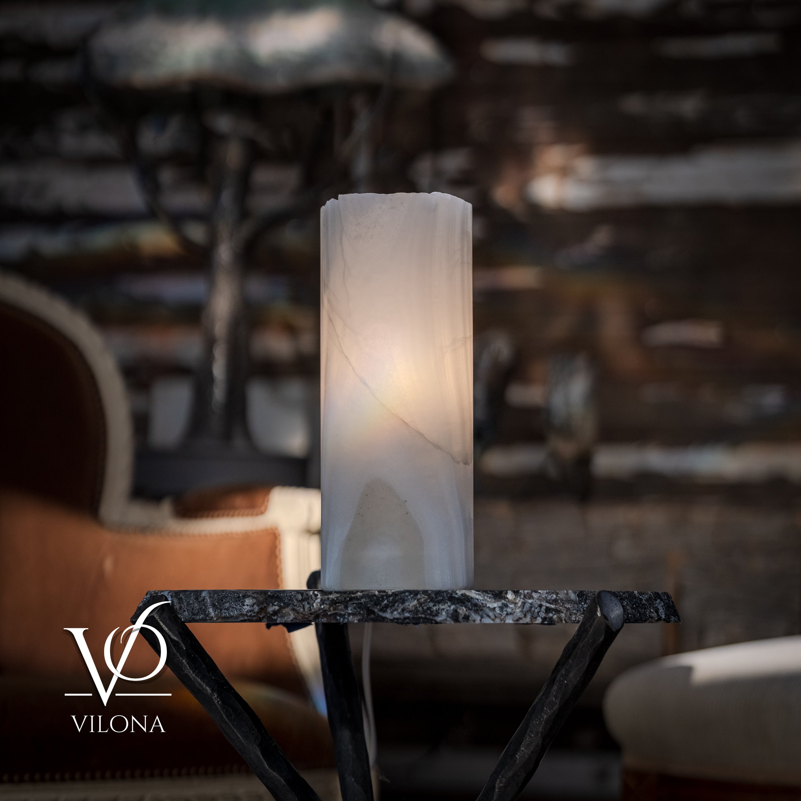 White Ice Onyx - 12" Tall, x 4.5" Diameter (Small Live Edge Table Lamp #4)