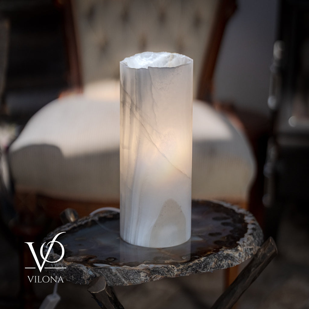 White Ice Onyx - 12" Tall, x 4.5" Diameter (Small Live Edge Table Lamp #4)