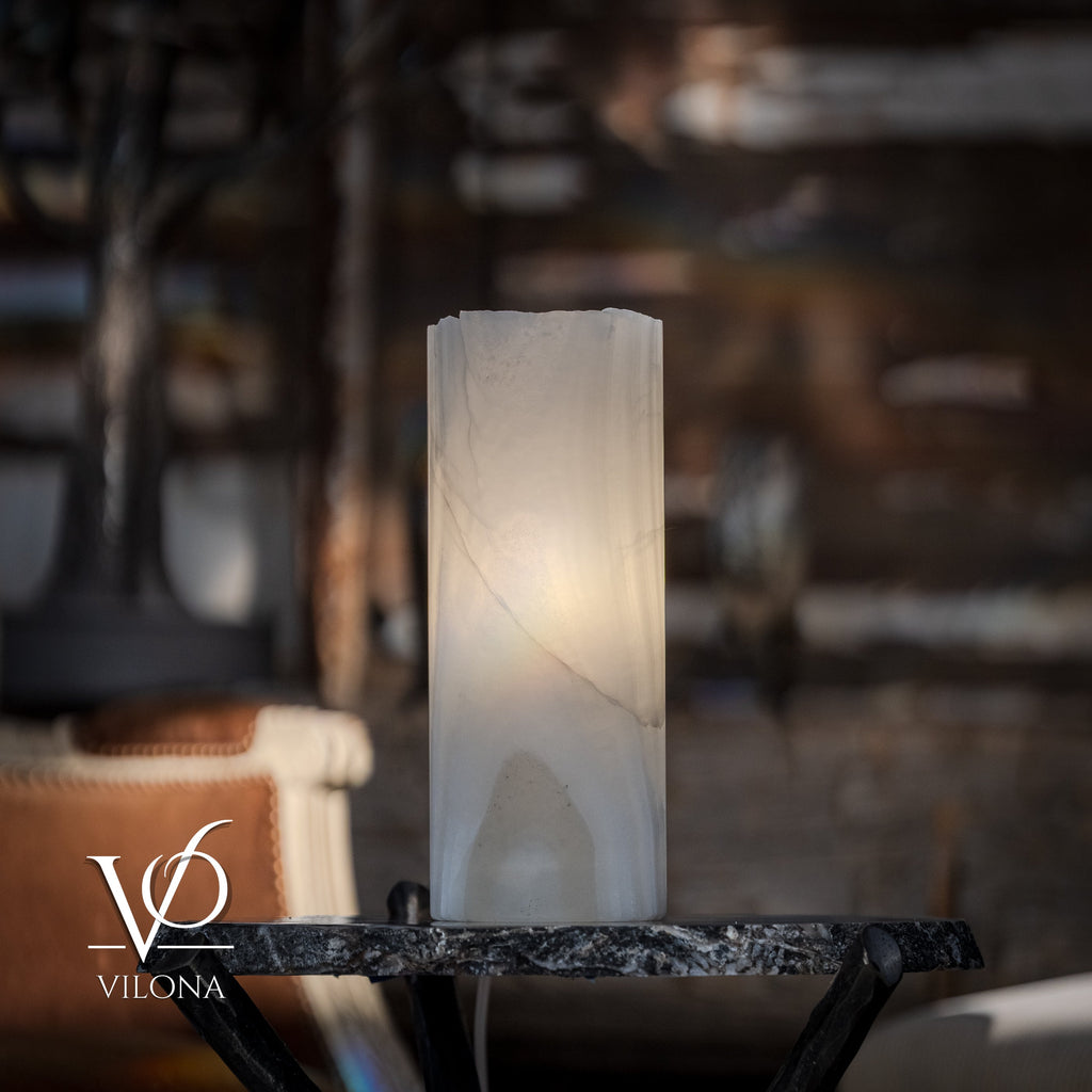 White Ice Onyx - 12" Tall, x 4.5" Diameter (Small Live Edge Table Lamp #4)