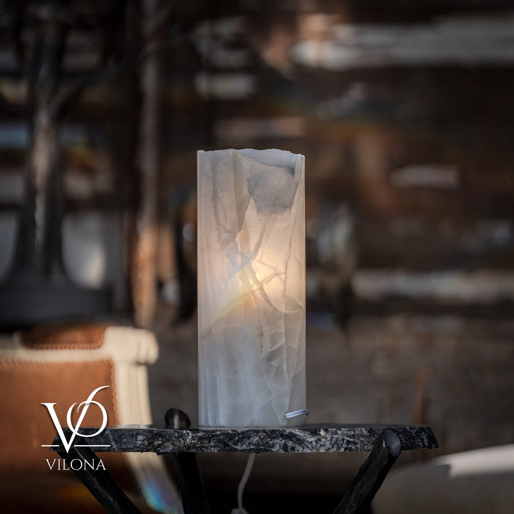 White Ice Onyx - 12" Tall, x 4.5" Diameter (Small Live Edge Table Lamp #4)