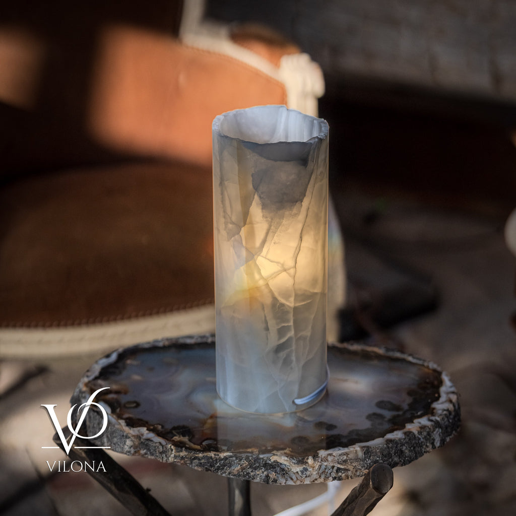 White Ice Onyx - 12" Tall, x 4.5" Diameter (Small Live Edge Table Lamp #4)