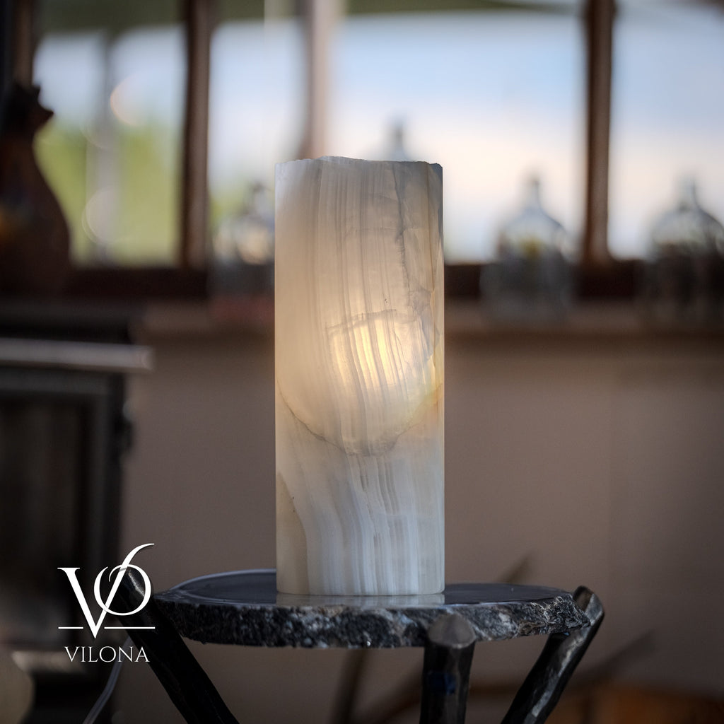 White Ice Onyx - 12" Tall, x 4.5" Diameter (Small Live Edge Table Lamp #4)