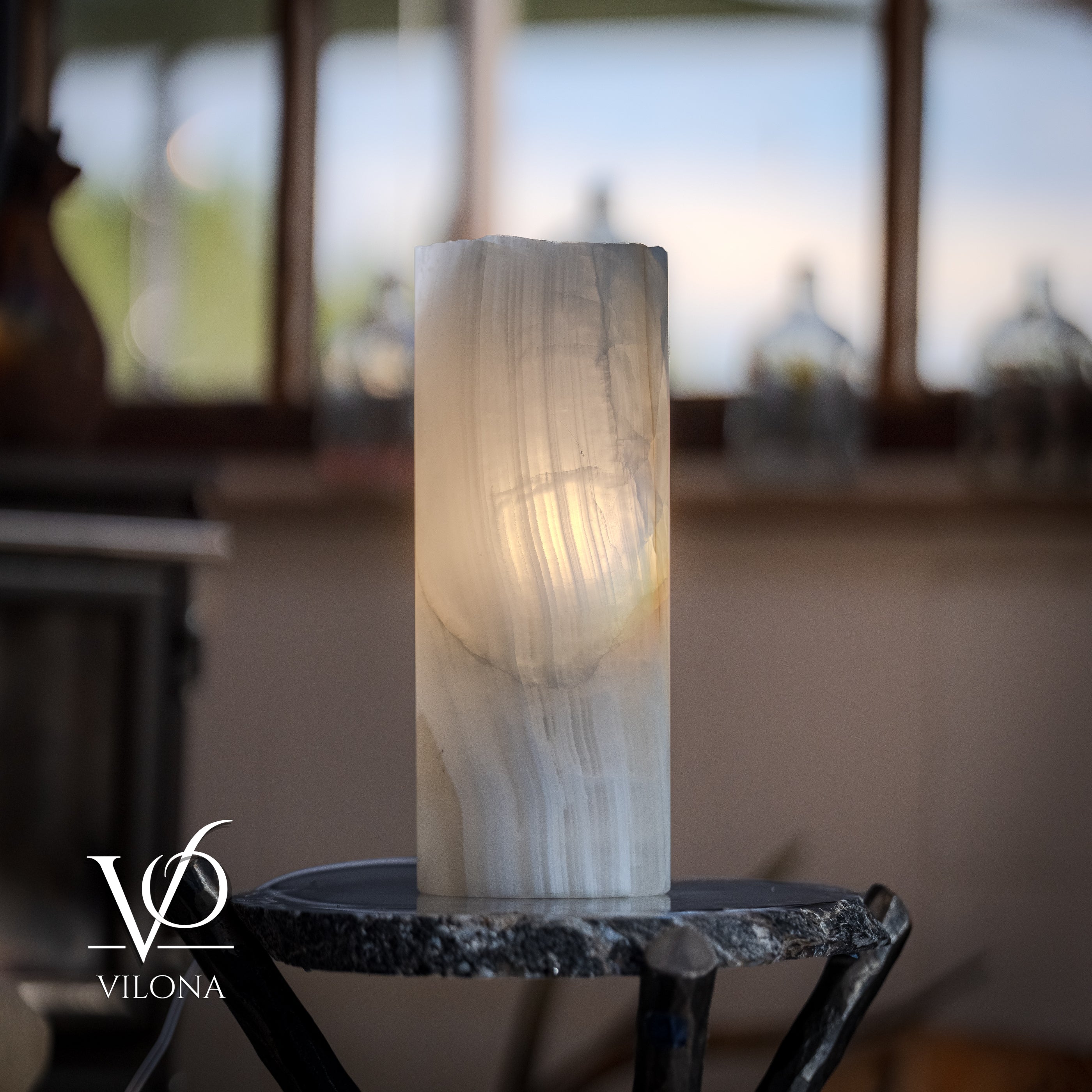 White Ice Onyx - 12" Tall, x 4.5" Diameter (Small Live Edge Table Lamp #4)