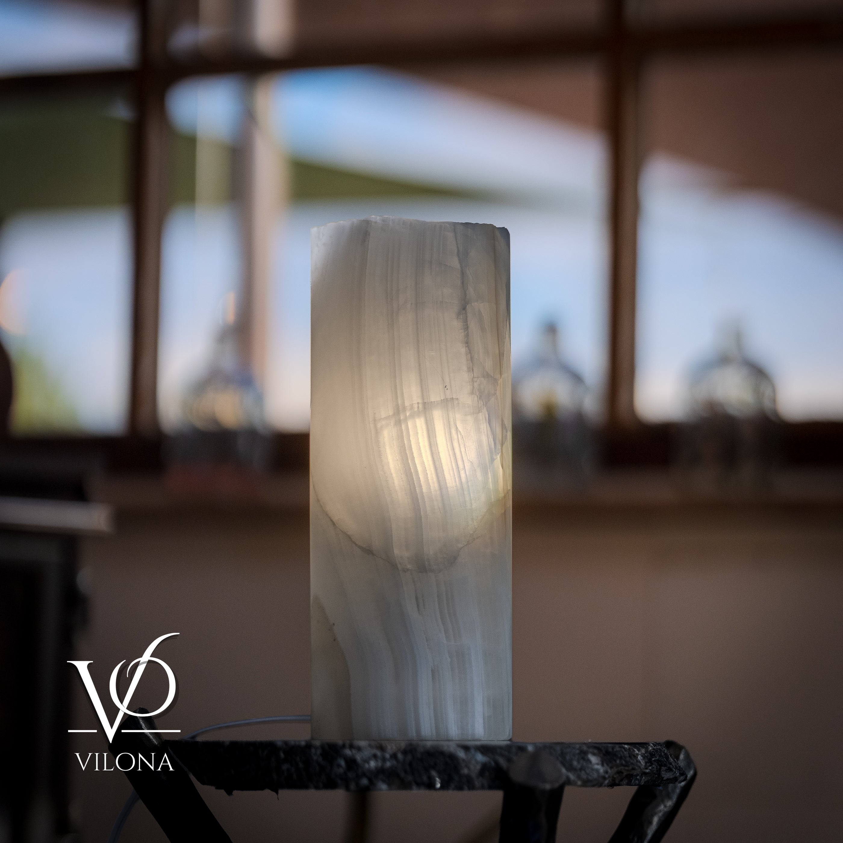 White Ice Onyx - 12" Tall, x 4.5" Diameter (Small Live Edge Table Lamp #4)