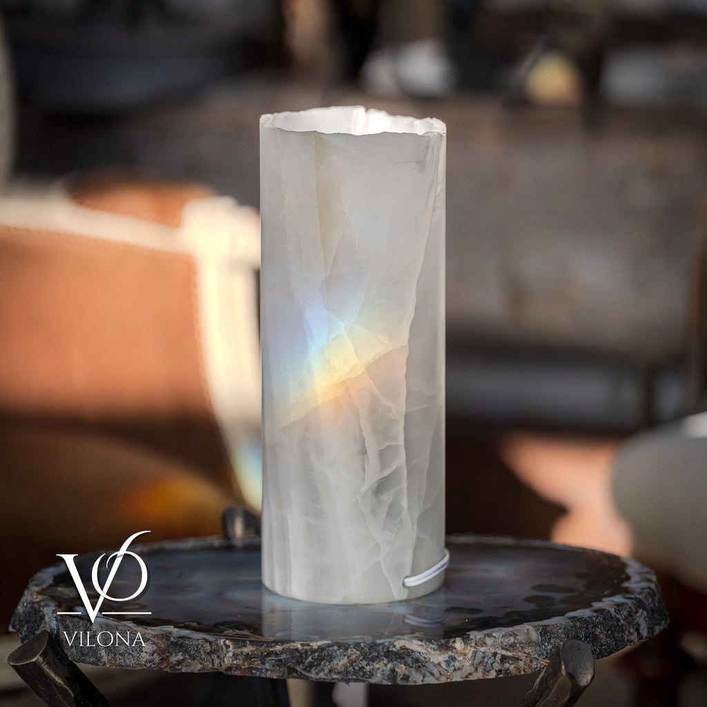 White Ice Onyx - 12" Tall, x 4.5" Diameter (Small Live Edge Table Lamp #4)