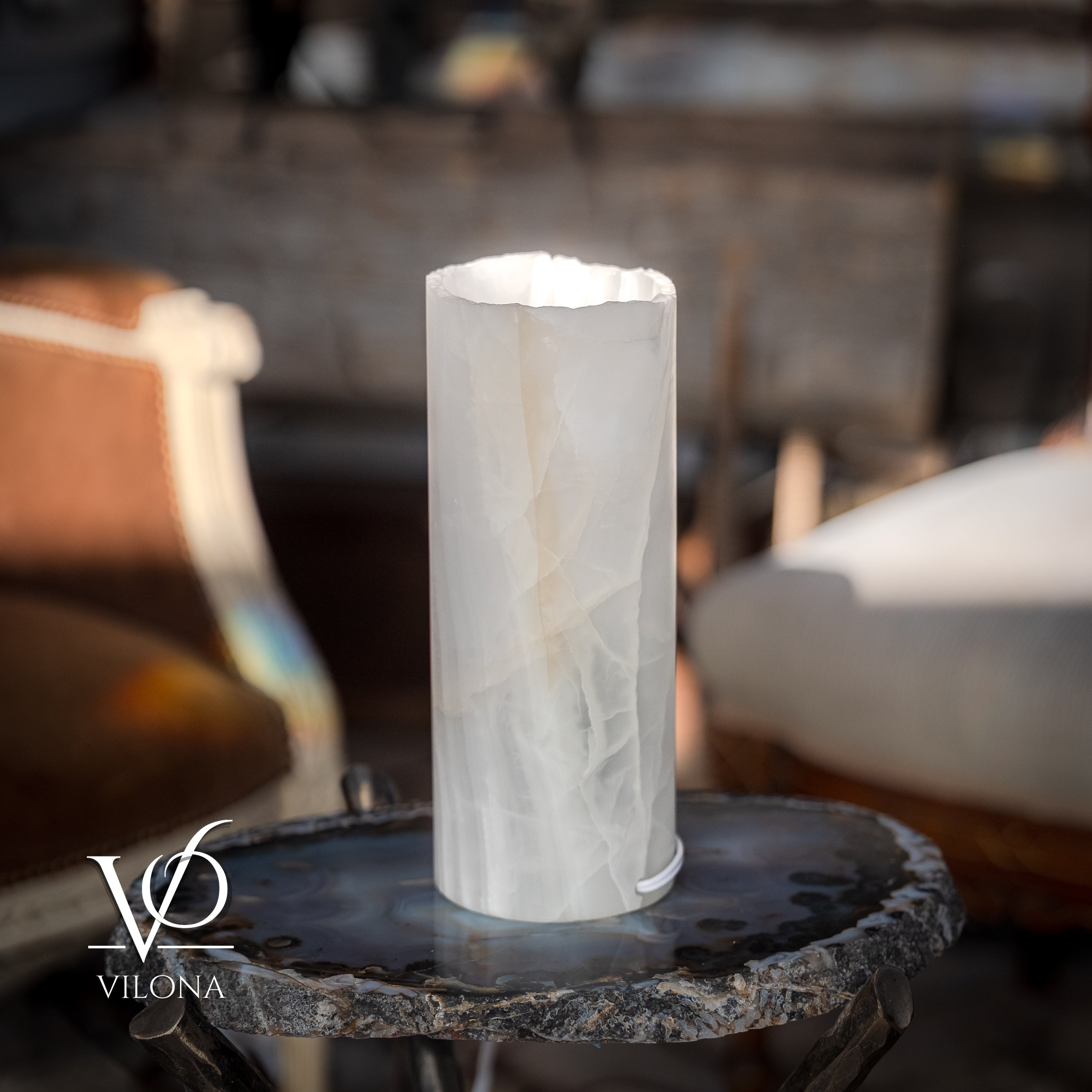 White Ice Onyx - 12" Tall, x 4.5" Diameter (Small Live Edge Table Lamp #4)