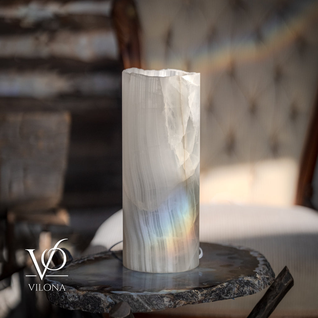 White Ice Onyx - 12" Tall, x 4.5" Diameter (Small Live Edge Table Lamp #4)