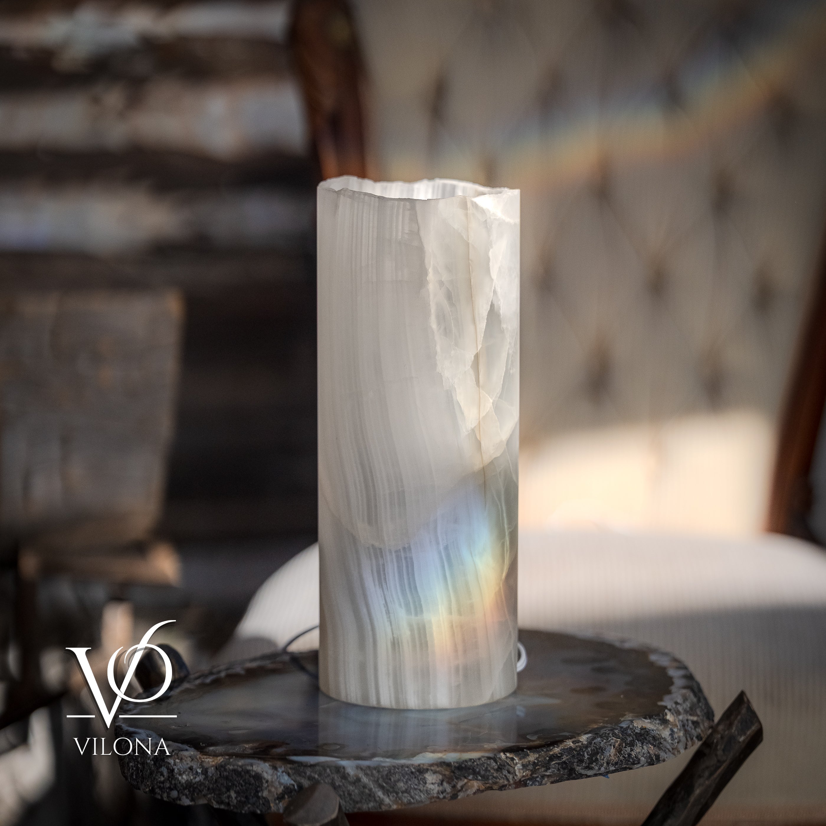 White Ice Onyx - 12" Tall, x 4.5" Diameter (Small Live Edge Table Lamp #4)