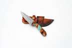 Damascus Steel Drop Point Hunter | Zebrawood, Turquoise & Amber Resin Handle TK-496