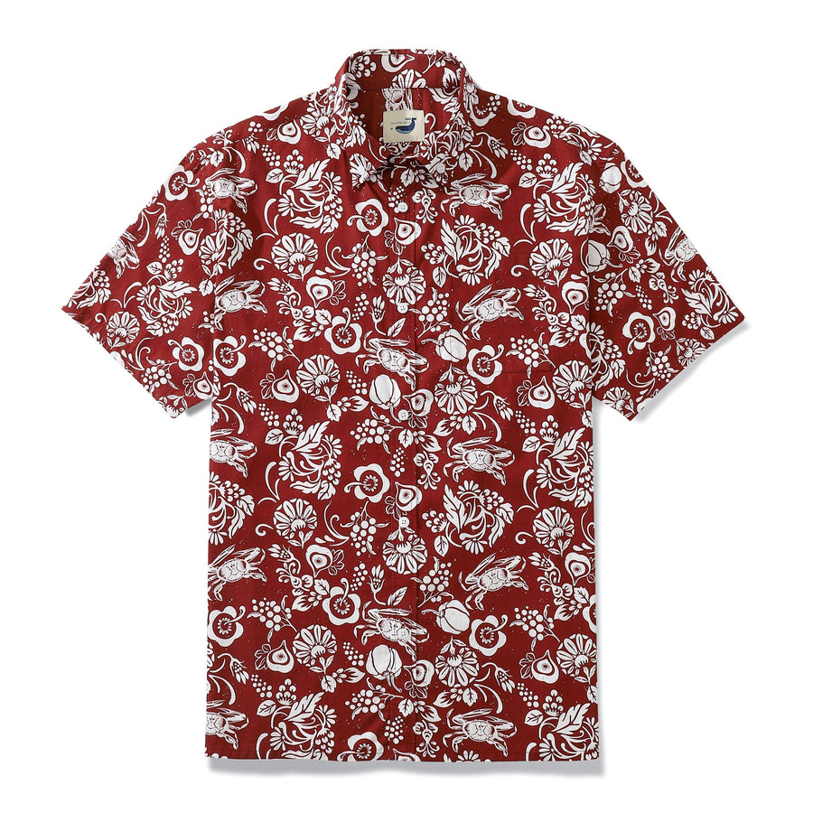 Deep Red Vintage Cotton Button-down Shirt With Tropical Print Scarlet