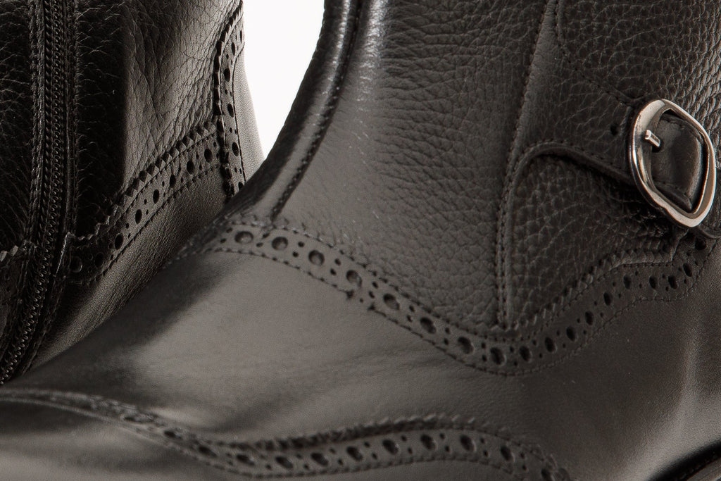 The Rand Black Leather Double Buckle Brogue Men Boot with a Zipper