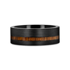 DARING Off-Set Koa Wood Inlaid Black Titanium Men's Wedding Band With Flat Brushed Finish - 8mm