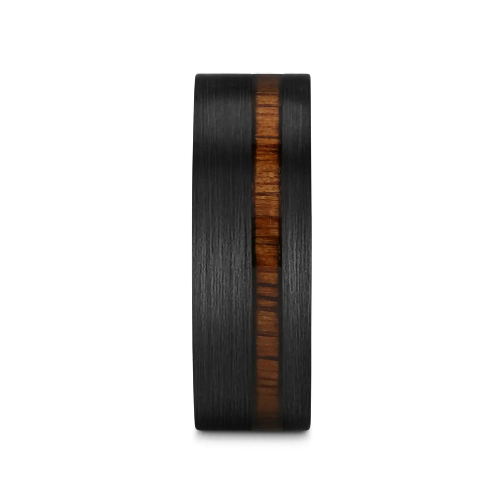 DARING Off-Set Koa Wood Inlaid Black Titanium Men's Wedding Band With Flat Brushed Finish - 8mm