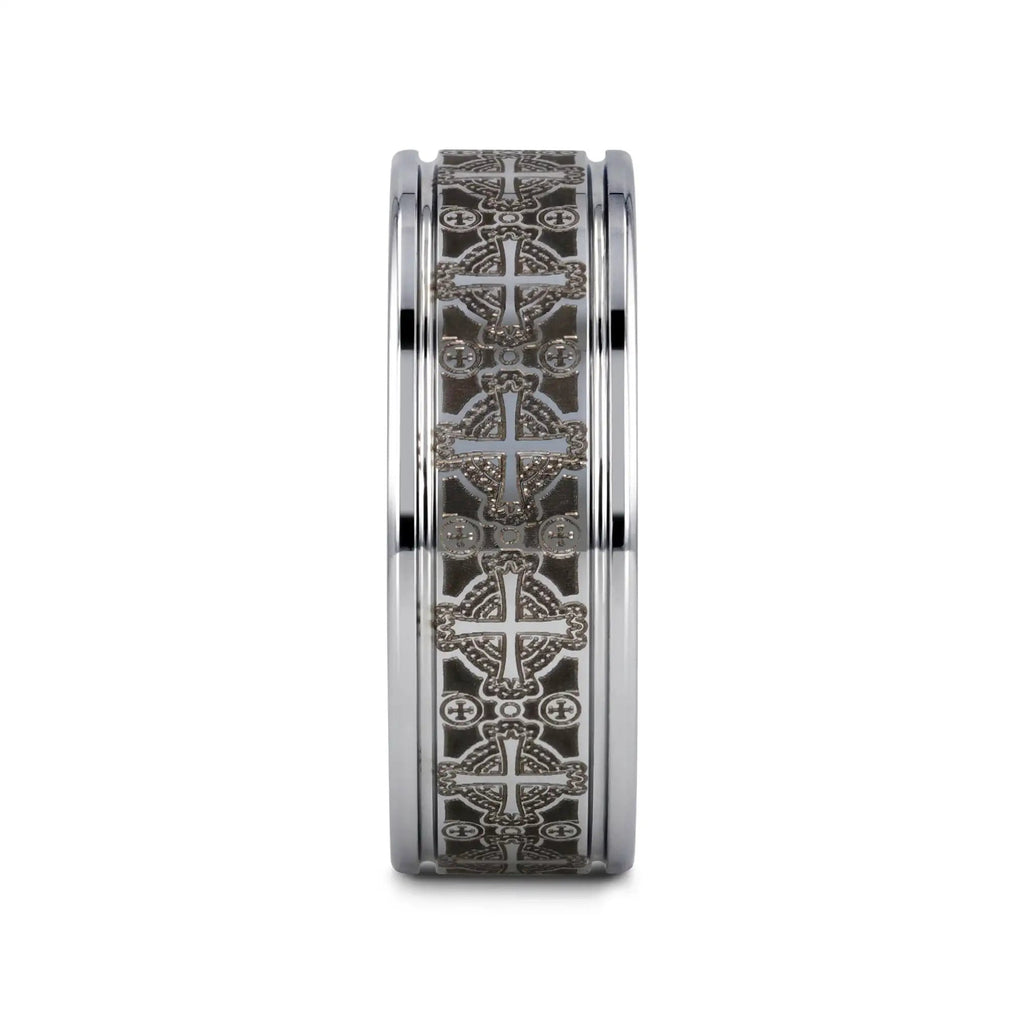 DEACON Flat Tungsten Ring Laser Engraved Celtic Crosses - 8mm