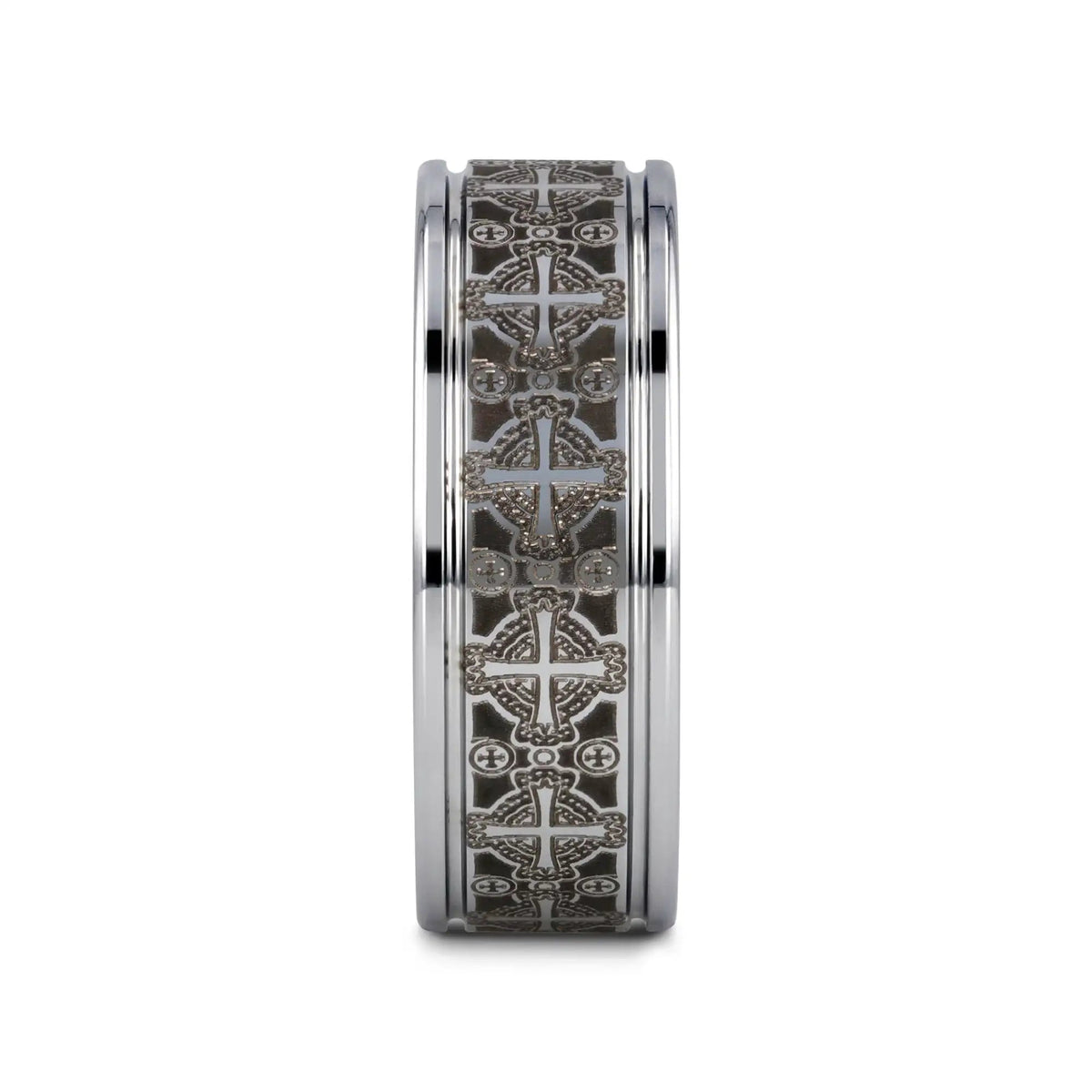 DEACON Flat Tungsten Ring Laser Engraved Celtic Crosses - 8mm