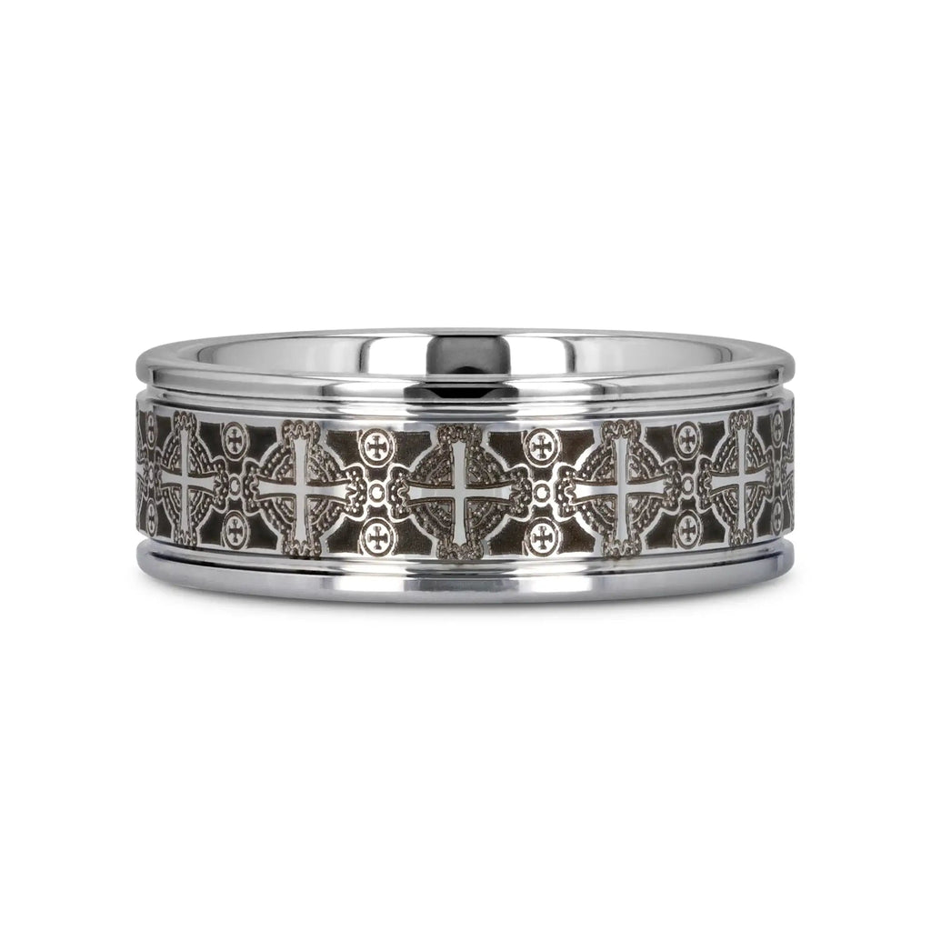 DEACON Flat Tungsten Ring Laser Engraved Celtic Crosses - 8mm