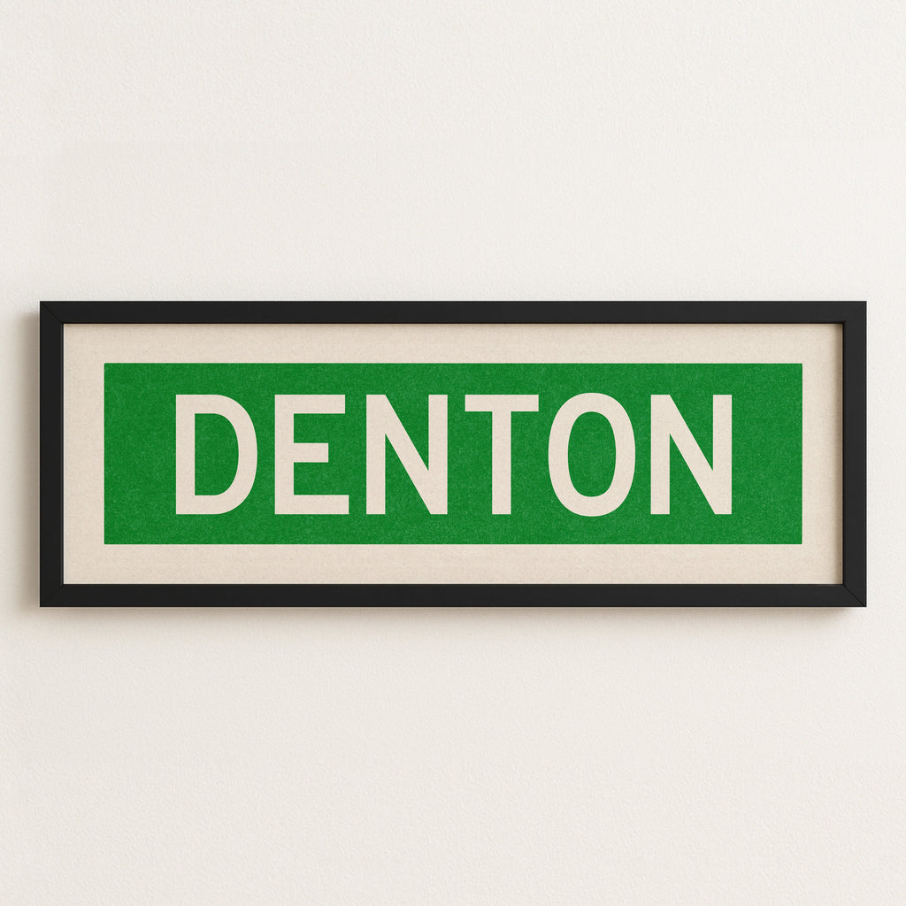 Framed Denton Green and White Bus Scroll