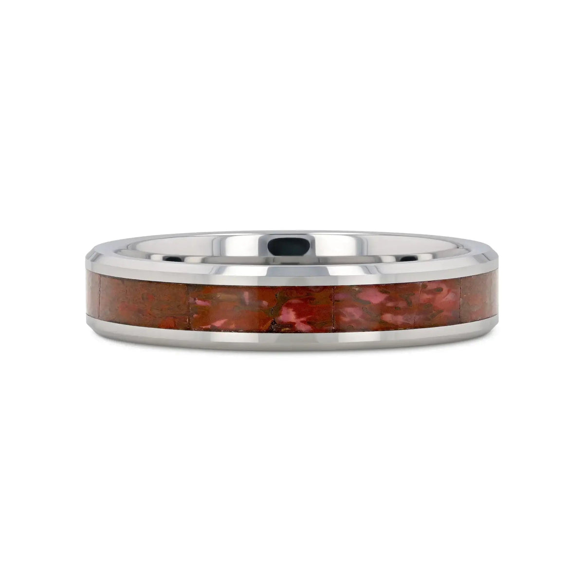 JURASSIC Red Dinosaur Bone Inlaid Tungsten Carbide Beveled Edged Ring - 4mm & 8mm